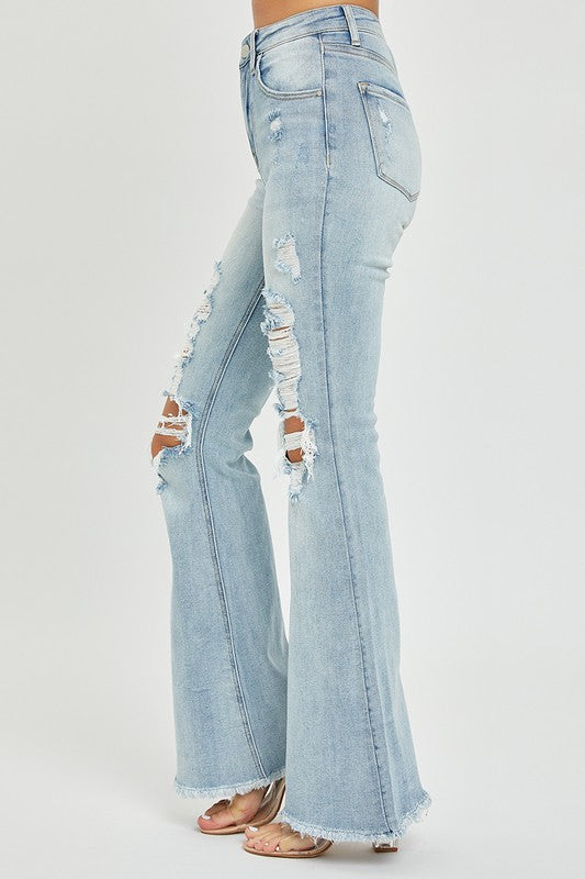 Distressed High Rise Flare  Risen Jeans