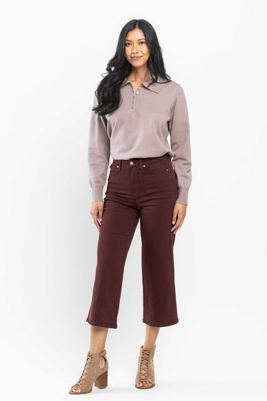 Judy Blue High Waist Tummy Control Garment Dyed Wide Crop Oxblood