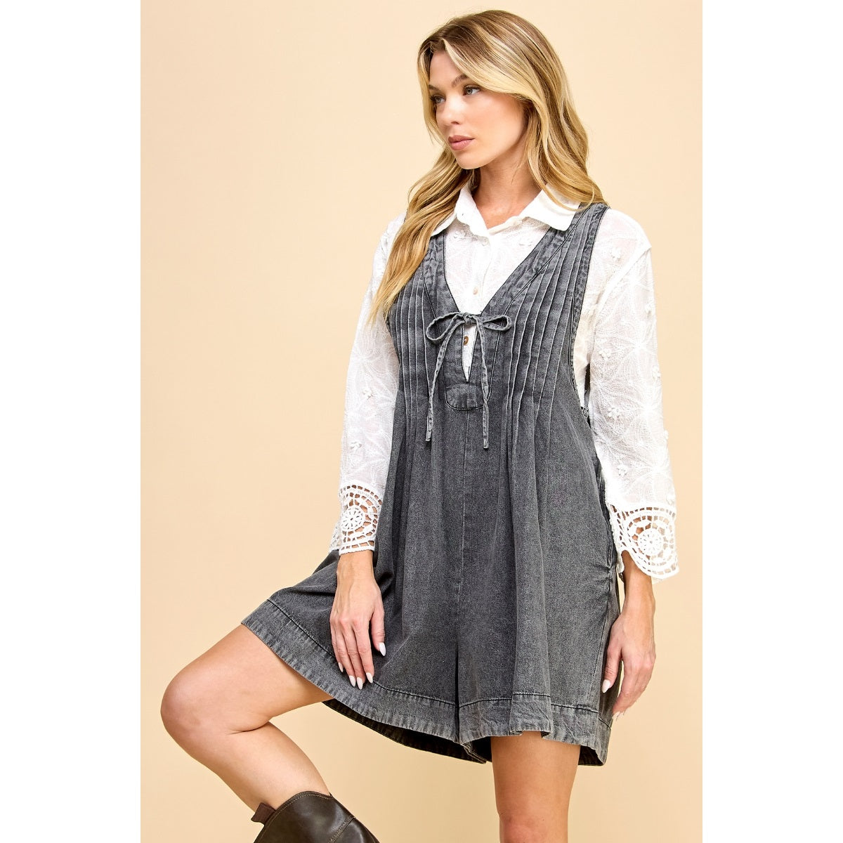 V-neck Pleated Denim Romper