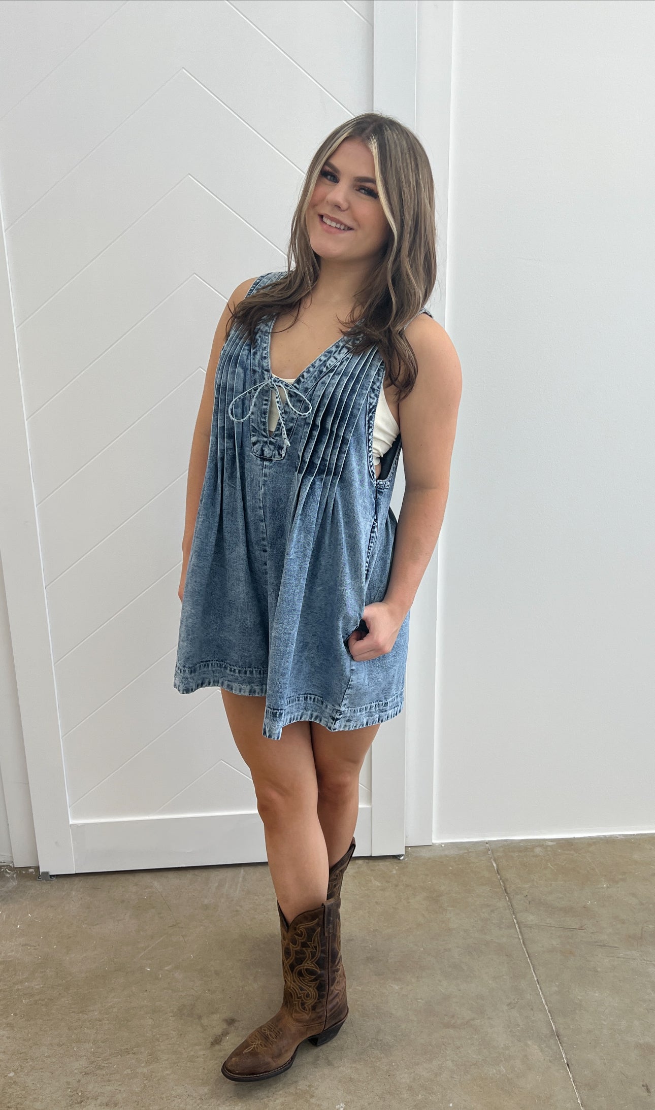 V-neck Pleated Denim Romper