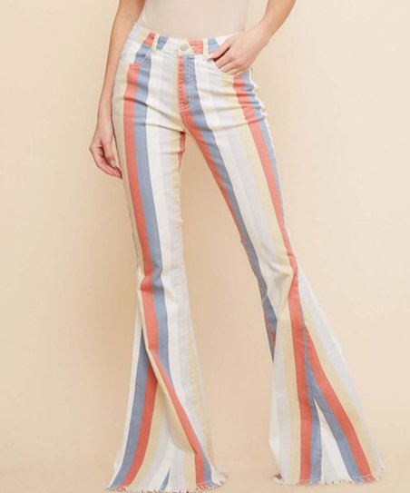 Bestto Terracotta Striped High-Waist Bell-Bottom Jeans